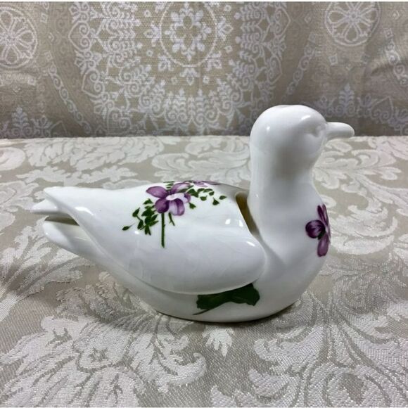 Vintage Genuine Bone China Duck with Purple Floral Design Trinket Box - Picture 5 of 8